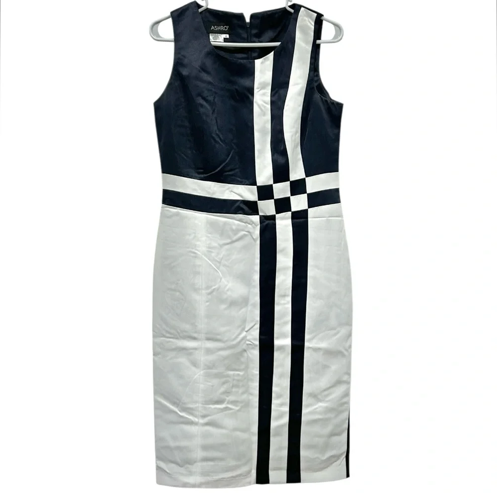 Ashro Jacket Dress Set Mother Of The Bride Formal Navy White Midi Wmns 6 NWOT - Picture 4 of 16